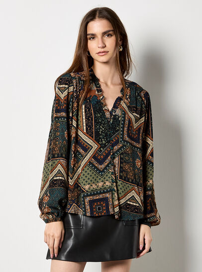 Patchwork Print Ruffle Blouse