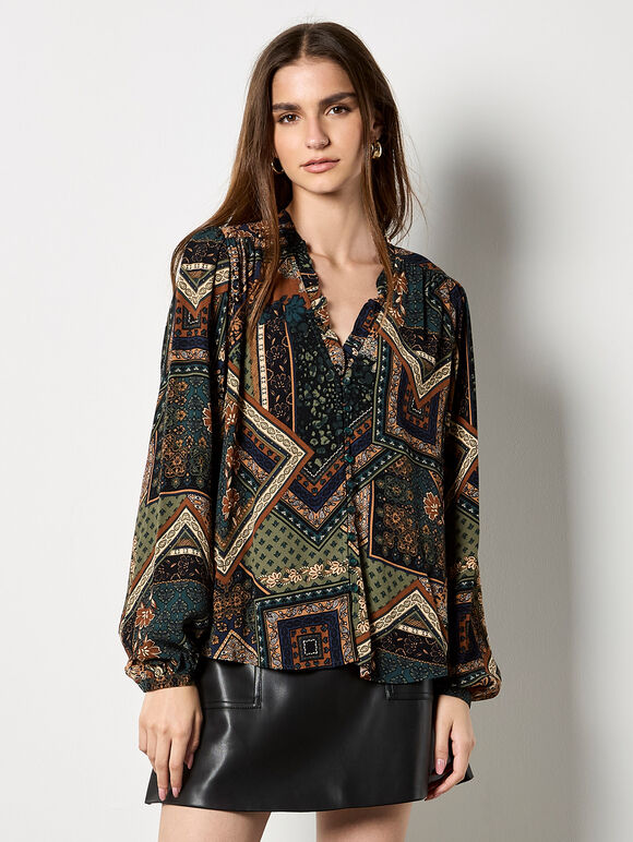 Patchwork Print Ruffle Blouse, Green, large