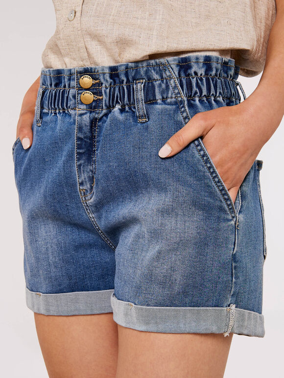 Ruched Denim Rolled Hem Shorts, Blue, large