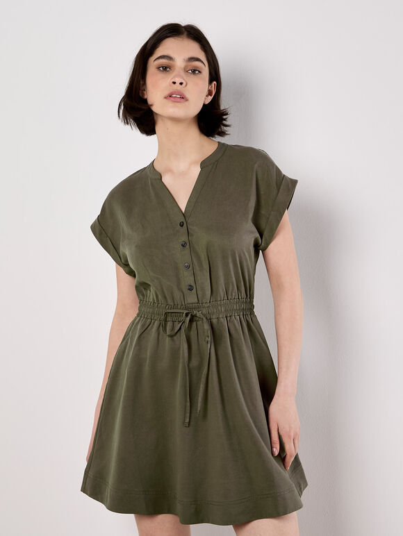 Button-Down Skater Mini Dress, Khaki, large