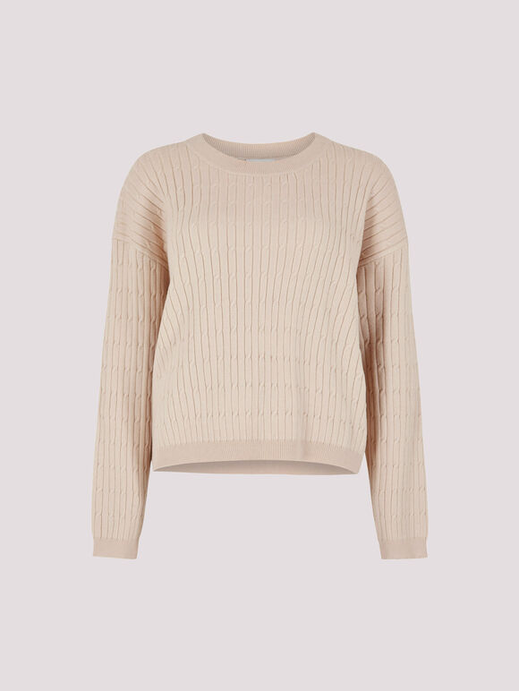 Fine Knit Cable Jumper, Stone, large