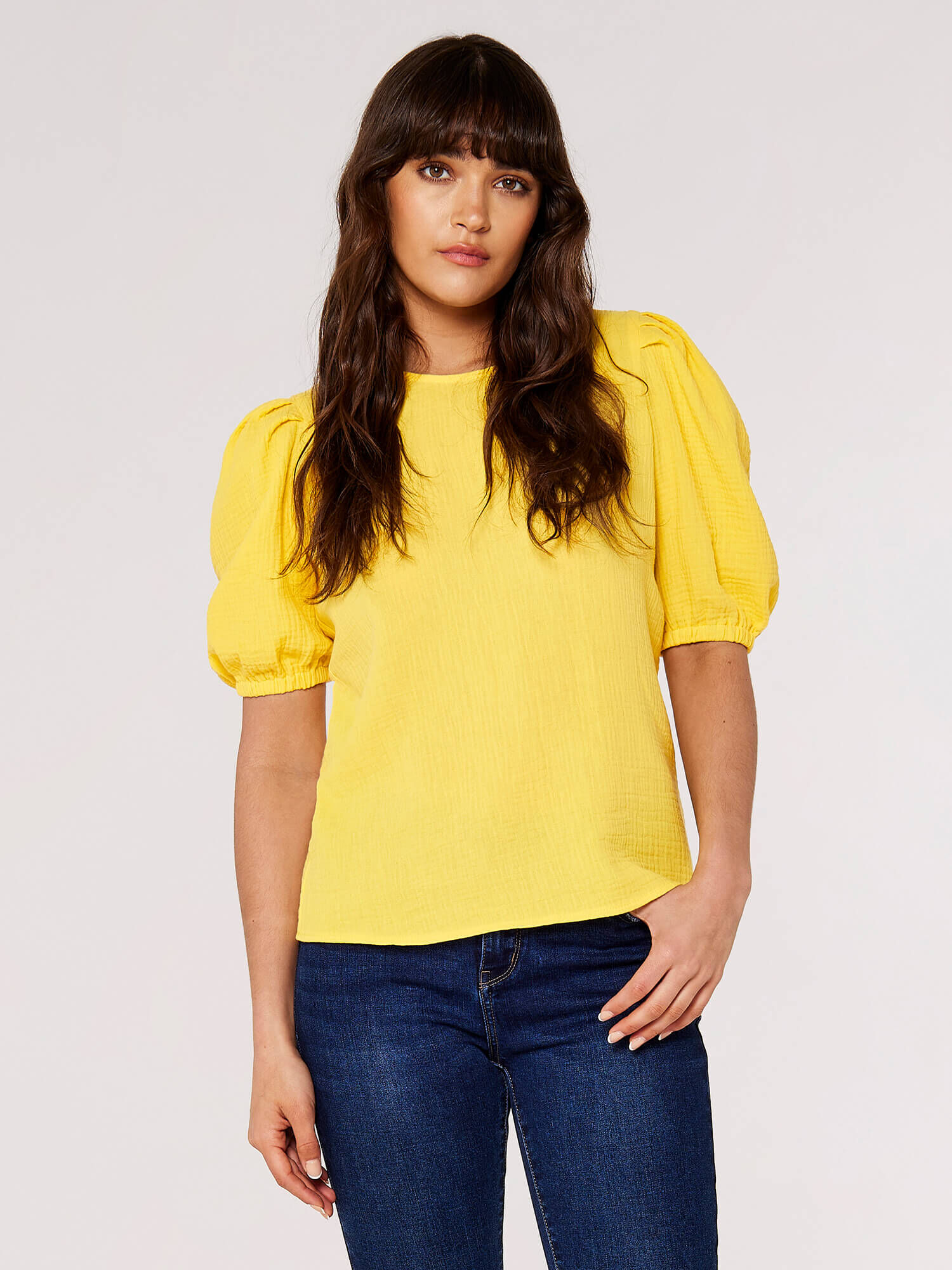 Textured Cotton Puff Sleeve T Shirt Apricot Clothing