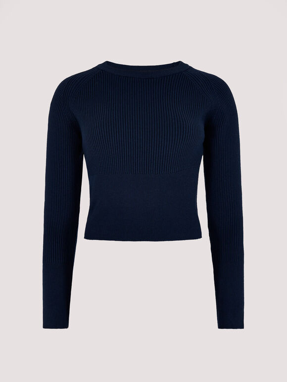 Ribbed Knit Cropped Top, Navy, large