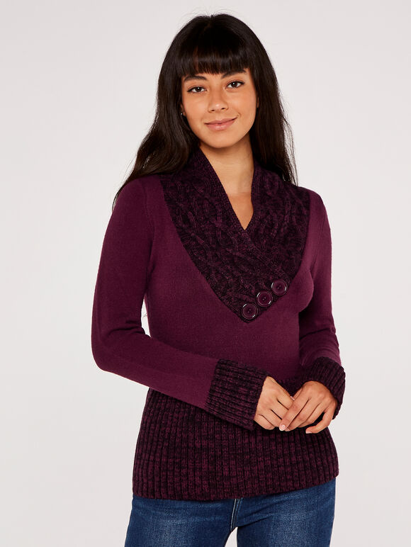 Button Mix Knit Jumper, Burgundy, large