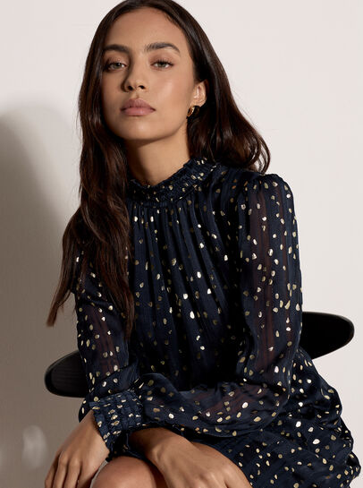 Gold Foil Spot Self-Stripe Mini Dress