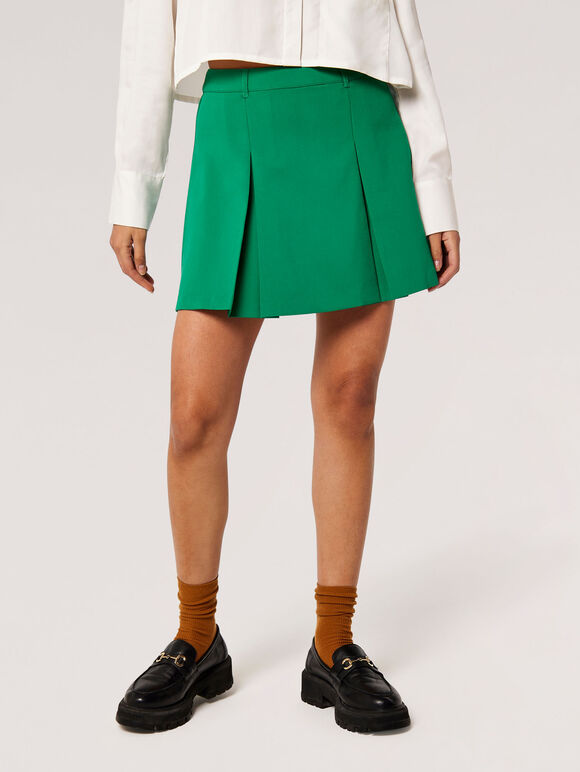 Pleated Tailored Mini Skirt, Green, large