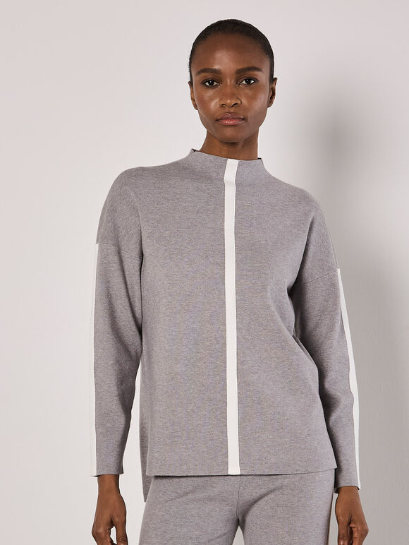 Mock Neck Mono Stripe Jumper, Grey, large