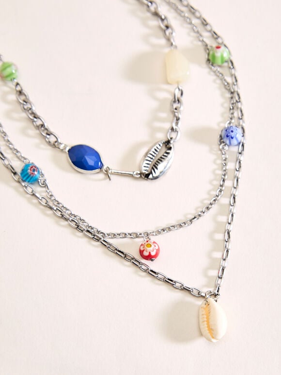 Silver Tone Multi Stone Layered Necklace, Silver, large