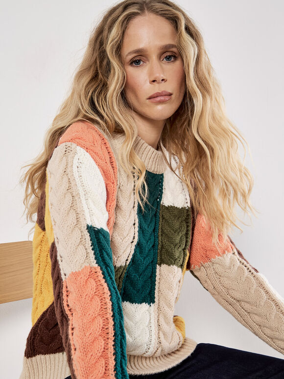 Colour Block Chunky Knit Cable Jumper, Stone, large