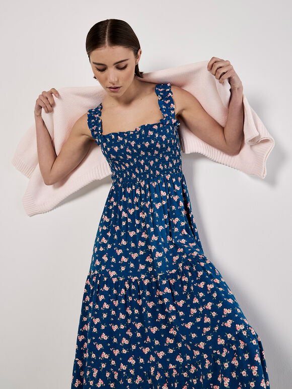 Ditsy Floral Smocked Midi Dress, Blue, large