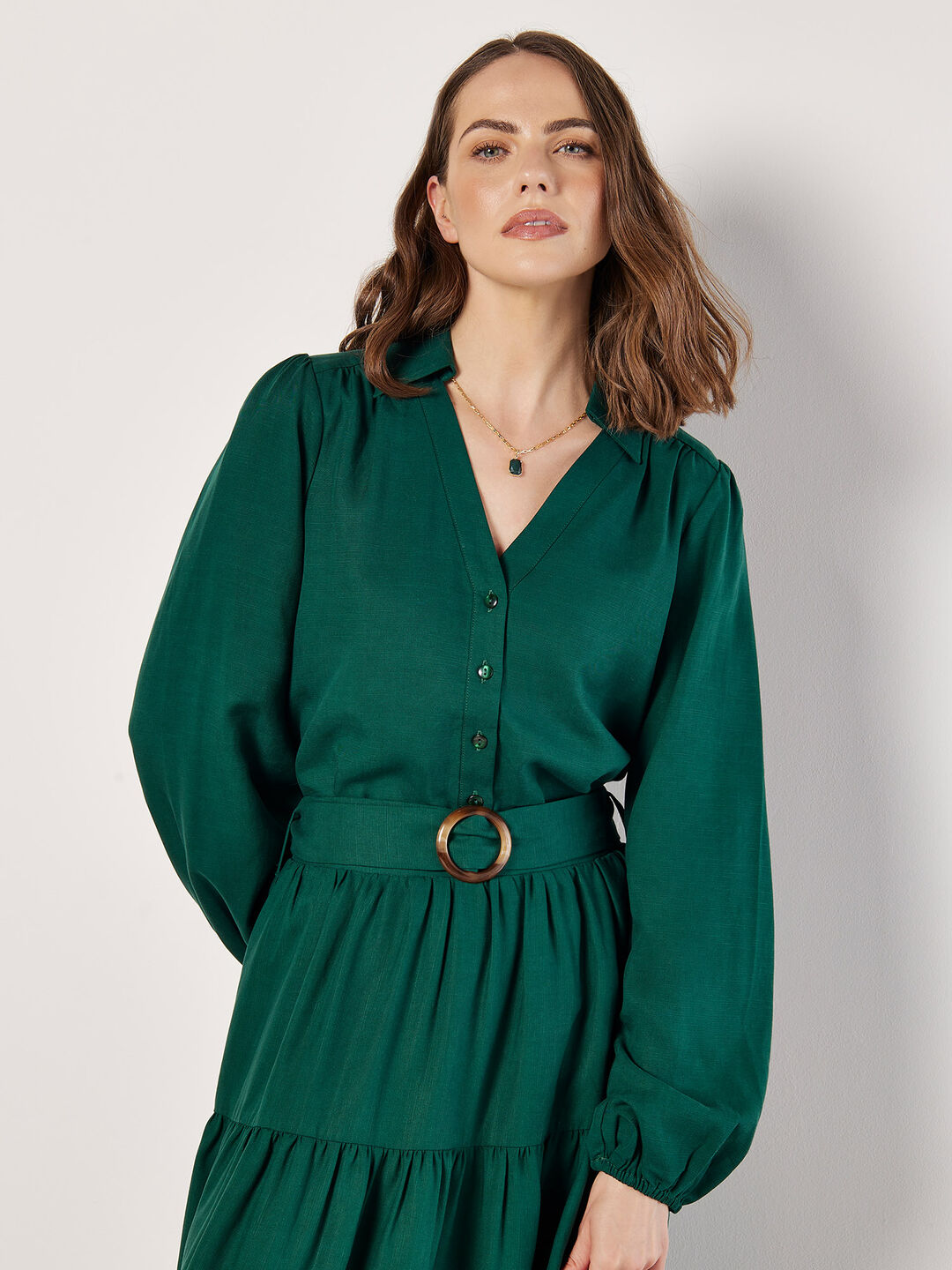 Image of Green Balloon Sleeve Blouse & Skirt Co-ord