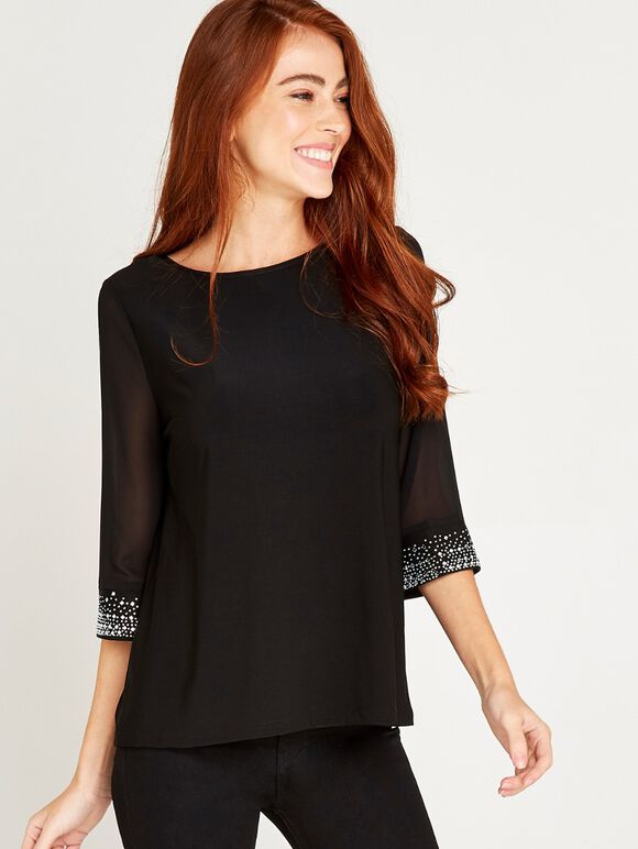 Gem Cuff Sheer Sleeve Top, Black, large