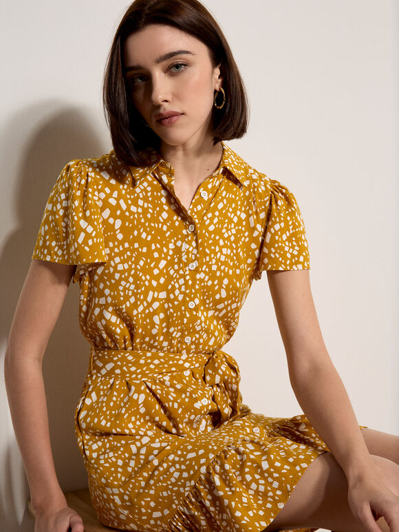 Scattered Squares Shirt Mini Dress, Mustard, large