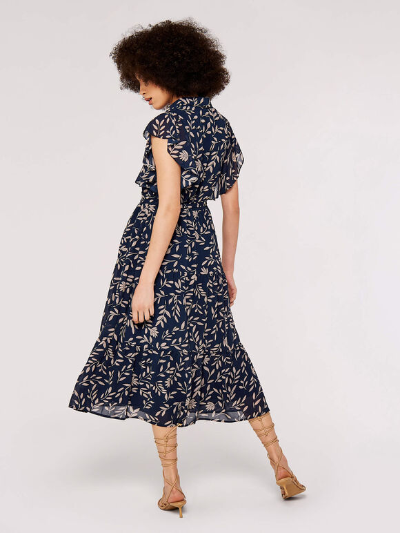Ruffle Sleeve Midi Dress, Navy, large