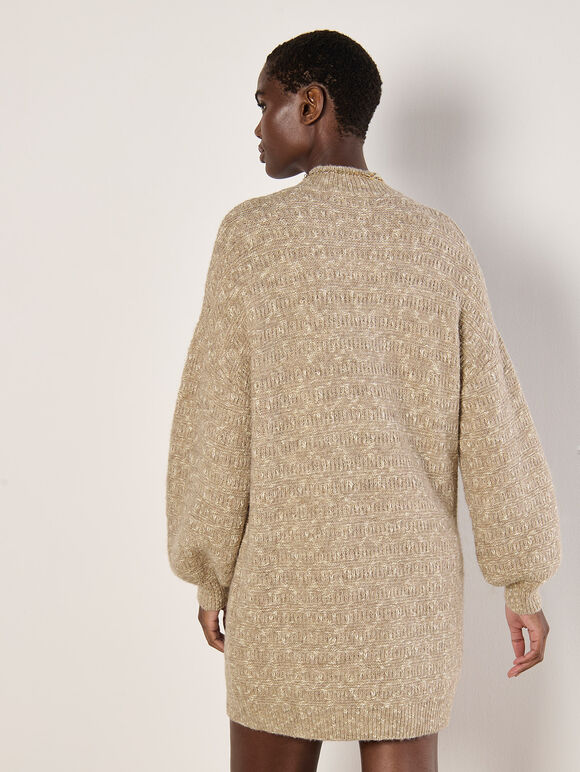 Flecked Knit Jumper Mini Dress, Stone, large