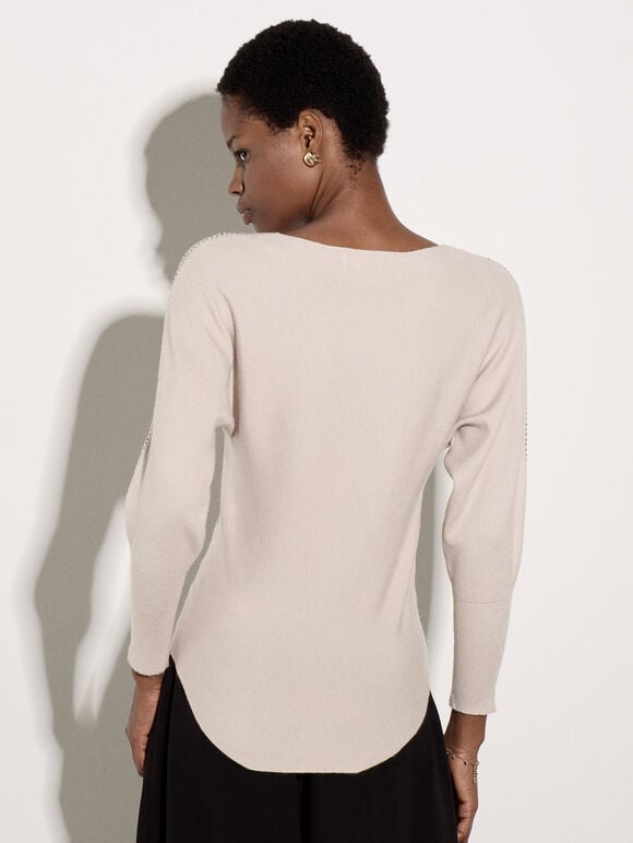 Diamante Ribbed Batwing Jumper, Stone, large
