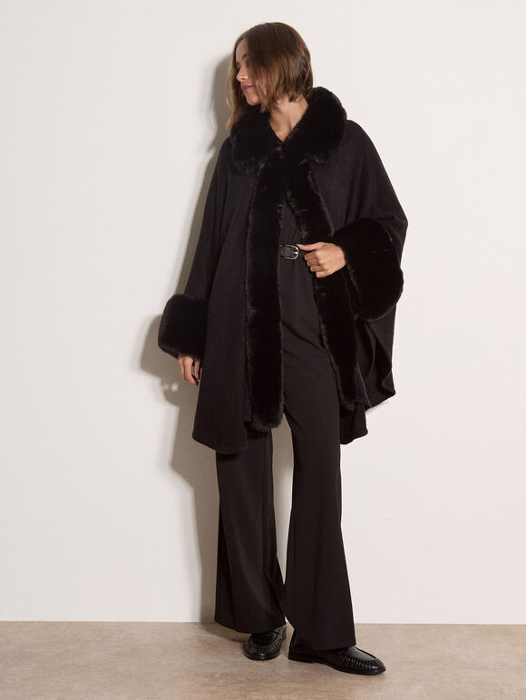 Faux Fur Trimmed Cape, Black, large