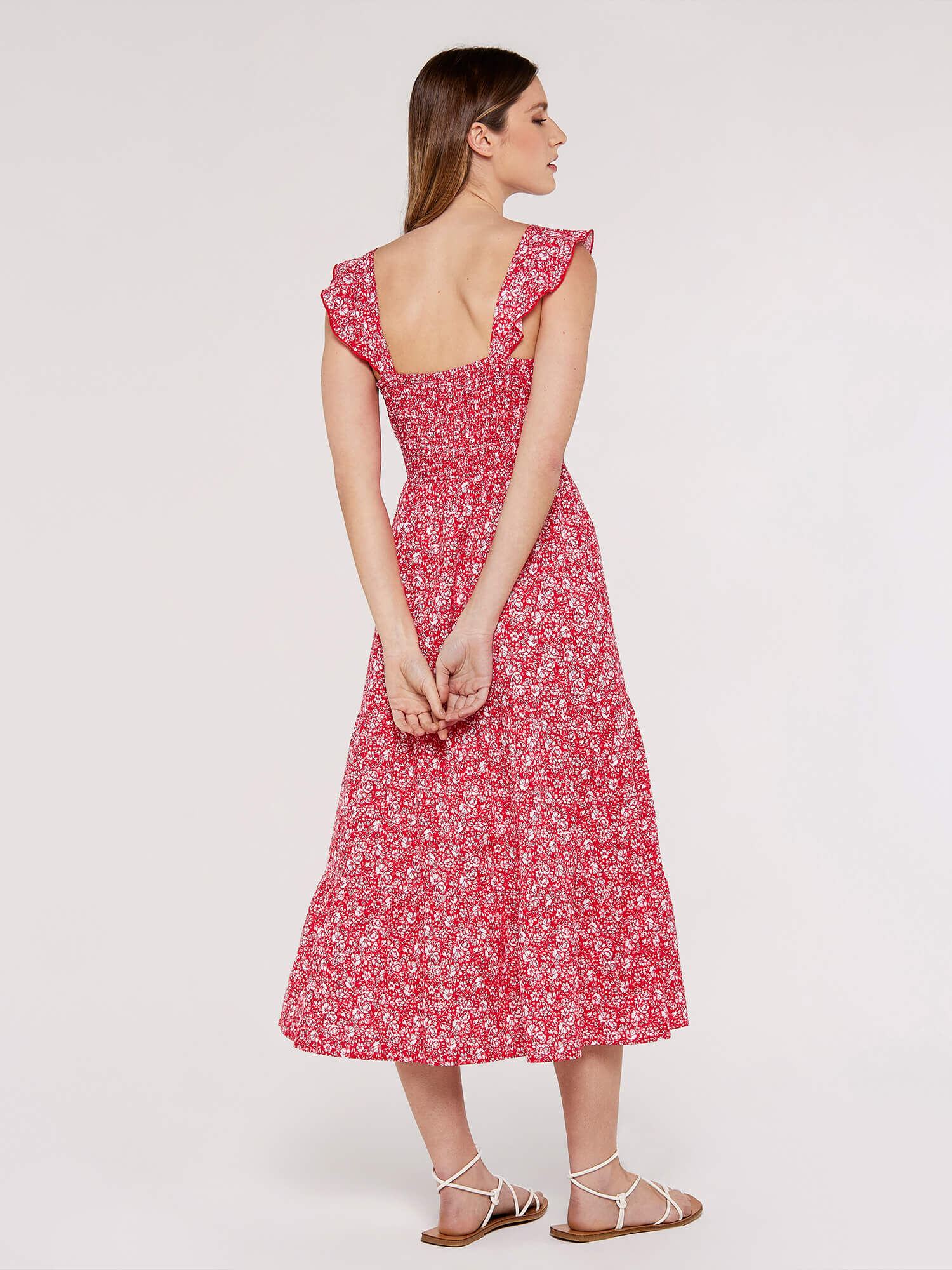 Ditsy Floral Tiered Midi Dress Apricot Clothing