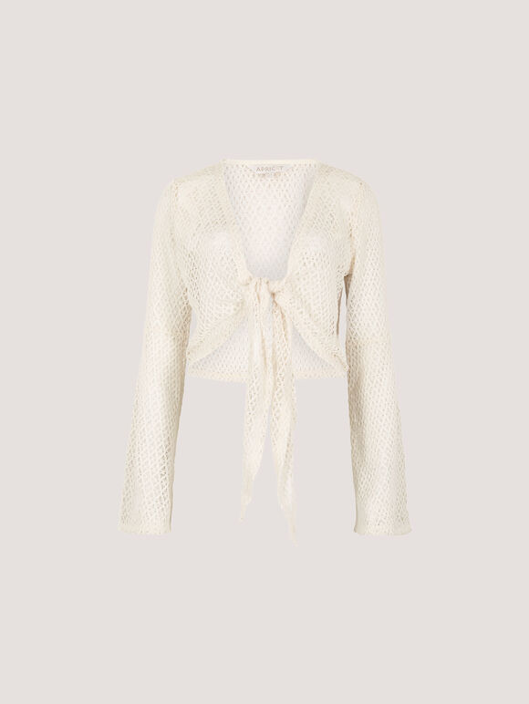Crochet Mesh Bell Sleeve Cardigan, White, large