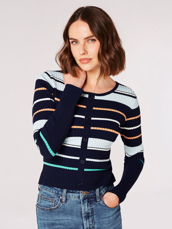 Decorative Button Stripe Jumper, Navy, large