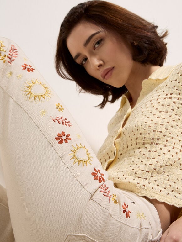 Lulu Floral Embroidered Flare Jeans, Cream, large