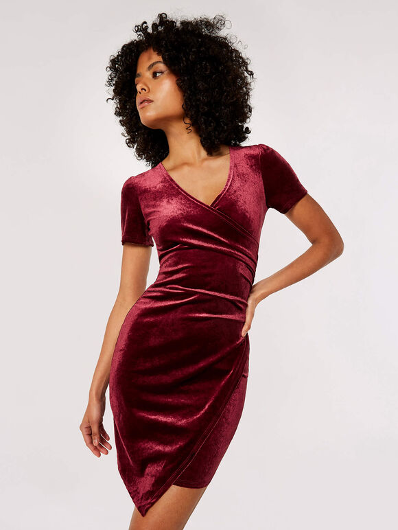Velvet Ruched Bodycon Mini Dress, Burgundy, large