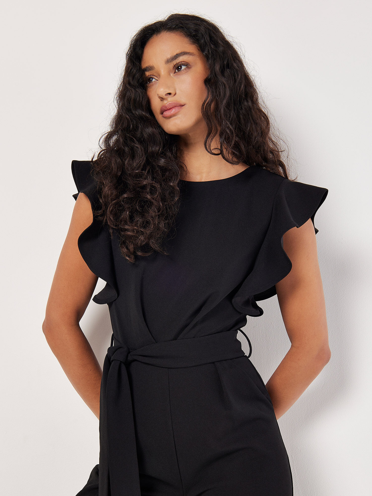Ruffle Sleeve Jersey Jumpsuit Apricot Clothing