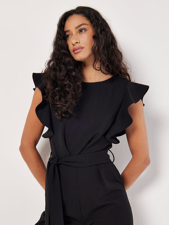 Ruffle Sleeve Jersey Jumpsuit, Black, large