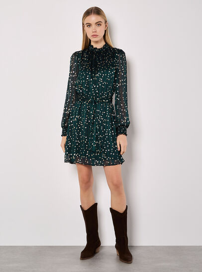 Gold Foil Spot Self-Stripe Mini Dress