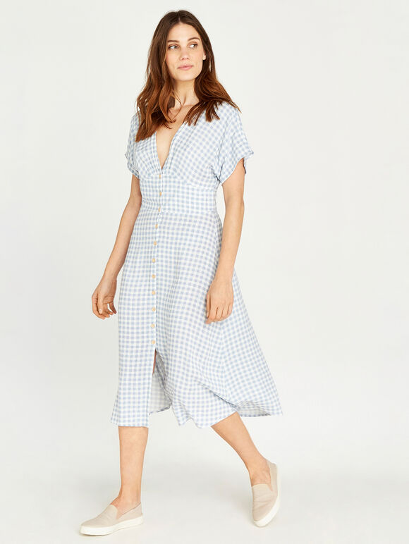 Gingham Button Midi Dress, Blue, large
