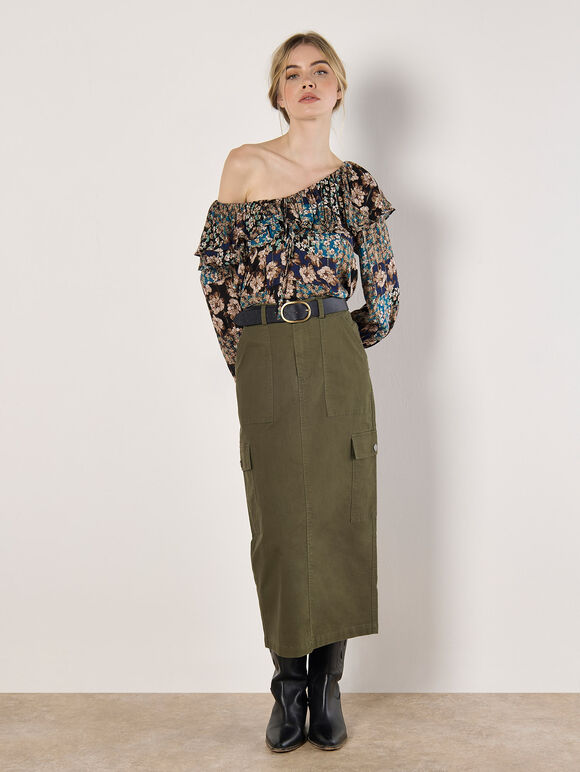 Cotton Cargo Midaxi Skirt, Khaki, large