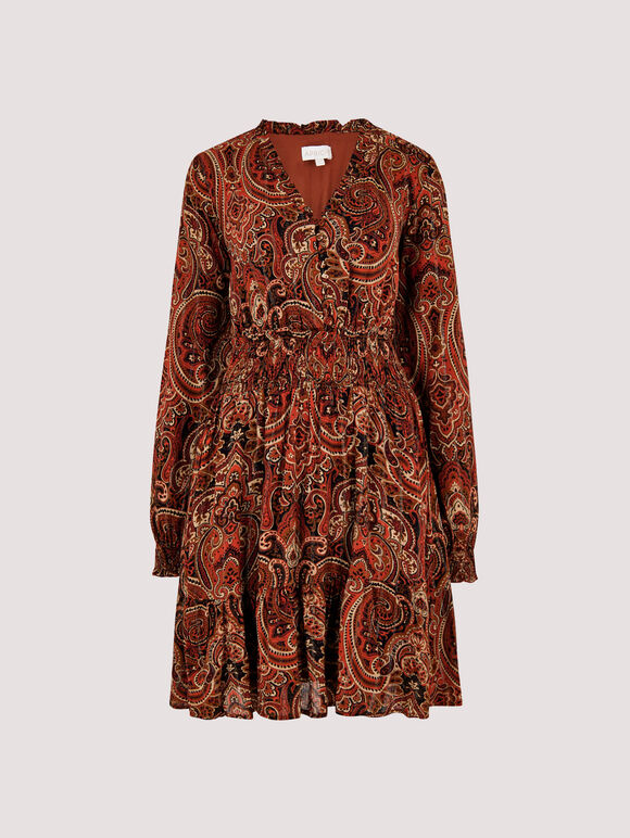 Paisley Print Ruffle Mini Dress, Rust, large