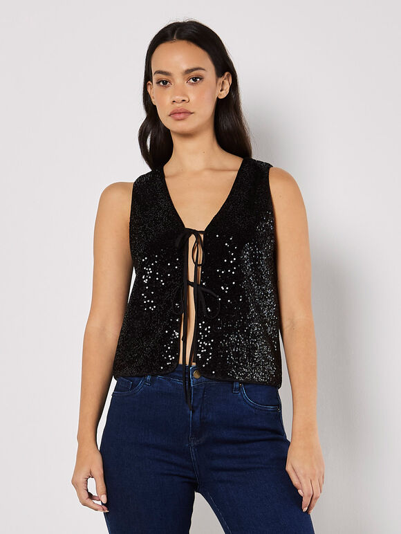 Double Tie Sequin Waistcoat, Black, large