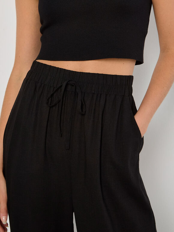Linen Blend Cropped Trousers, Black, large