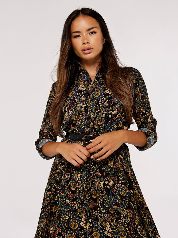 Paisley Shirt Mini Dress, Black, large