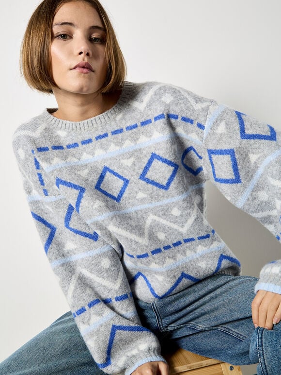 Chevron Geometric Retro Jumper, Blue, large