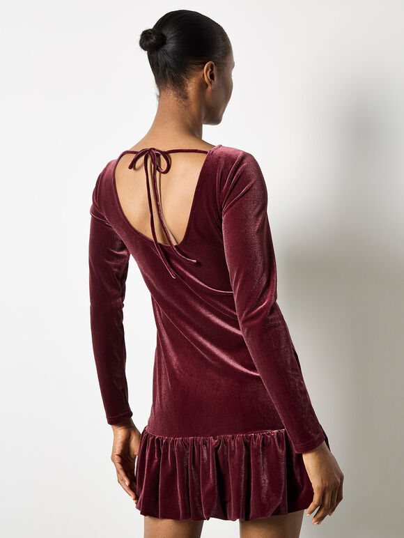 Velvet Bodycon Bubble Hem Mini Dress, Burgundy, large