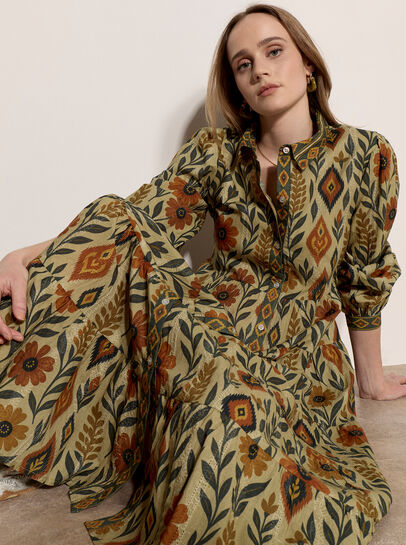 Floral Leaves Cotton Shirt Midi Dress