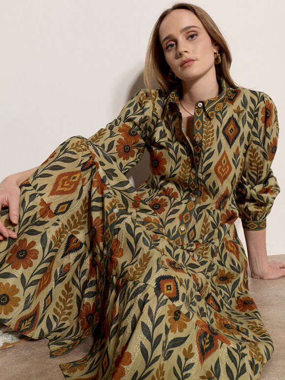 Floral Leaves Tiered Shirt Midi Dress, Green, large