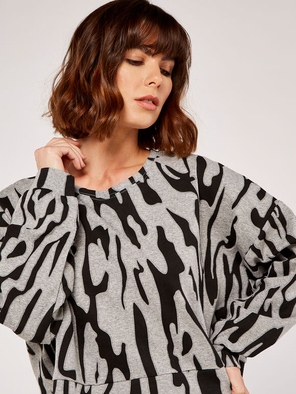 Abstract Print Cropped Jumper, Grey, large