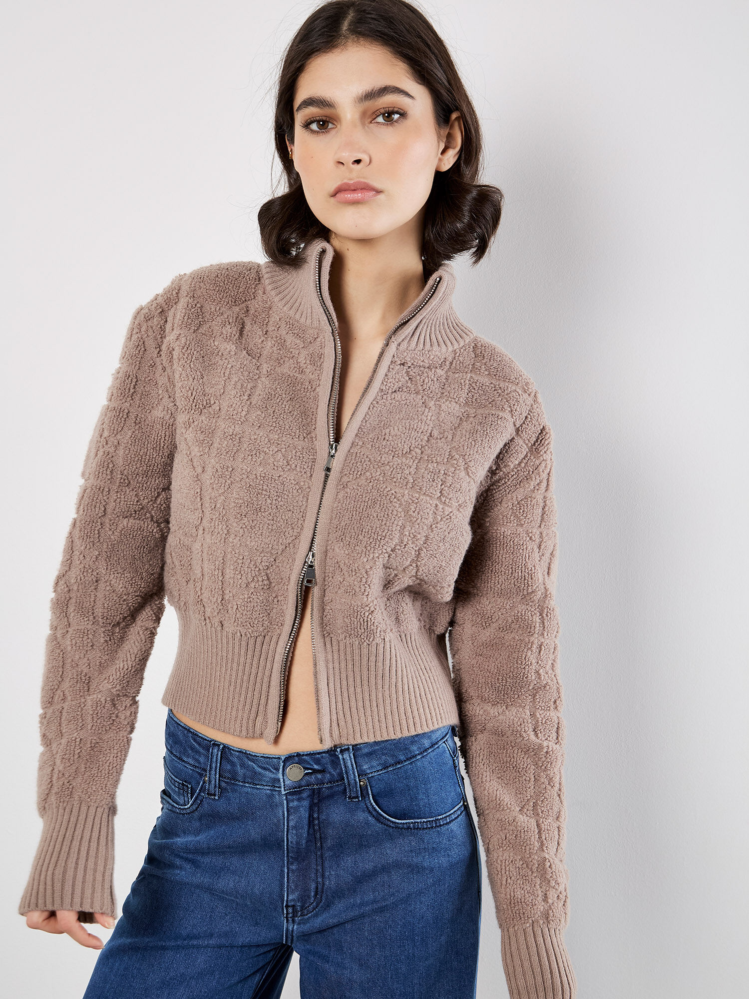 Boucle Knit Cropped Zip Cardigan | Apricot Clothing
