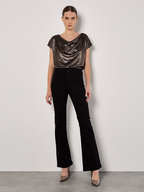 Metallic Foil Cowl Neck Top, Brown, large