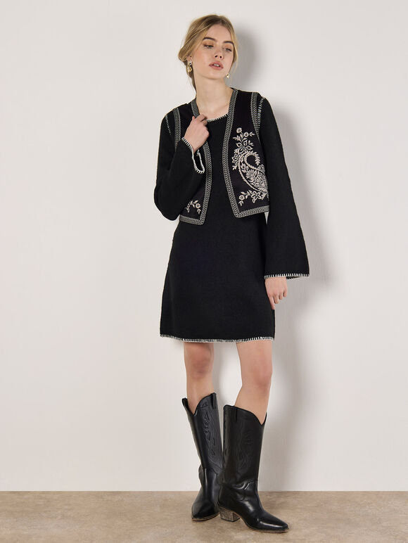Blanket Stitch Knitted Swing Mini Dress, Black, large