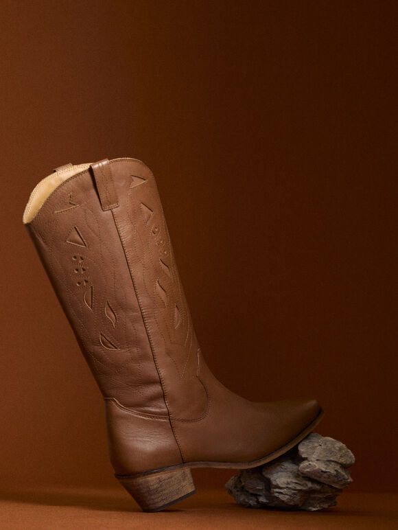 Tall Leather Cowboy Boots, Brown, large