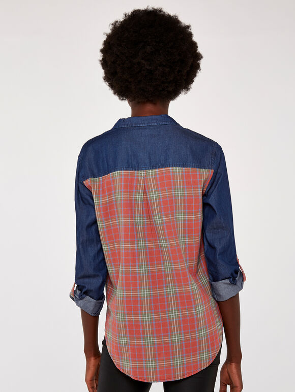 Denim Plaid Mix Shirt, Navy, large