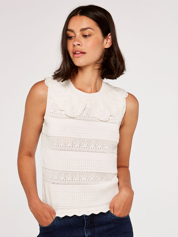 Lace Collar Knit Top, Cream, large