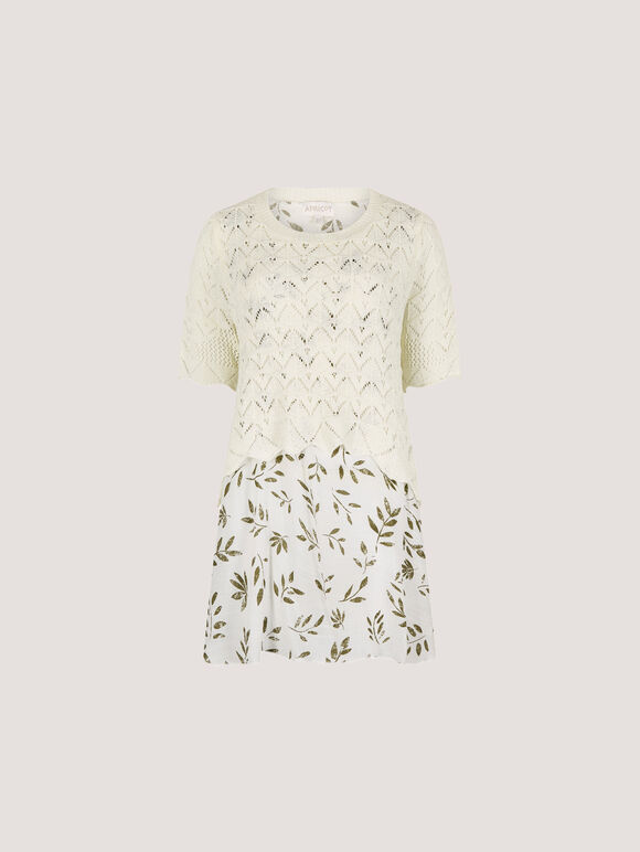 Pointelle Knit Layered Tunic Top, White, large