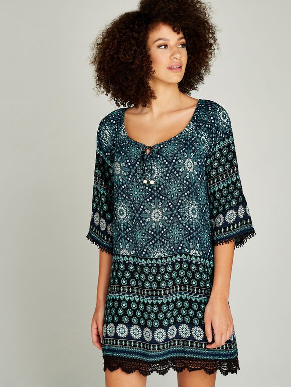 Tribal Print Tunic Dress, Navy, large