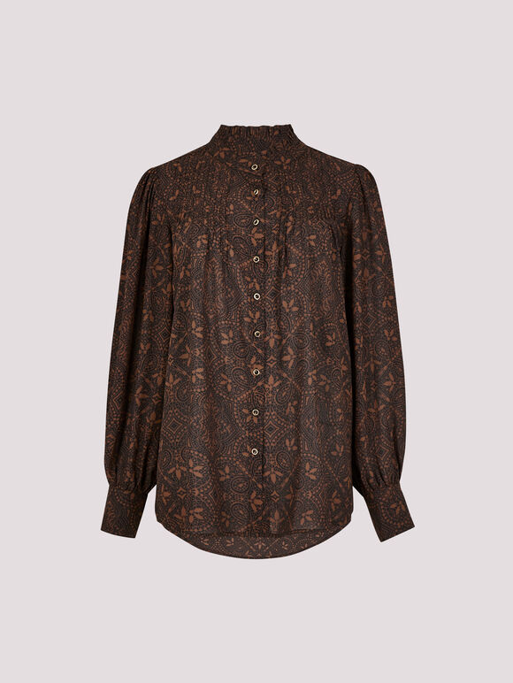 Mosaic Print Chiffon Ruffle Blouse, Brown, large