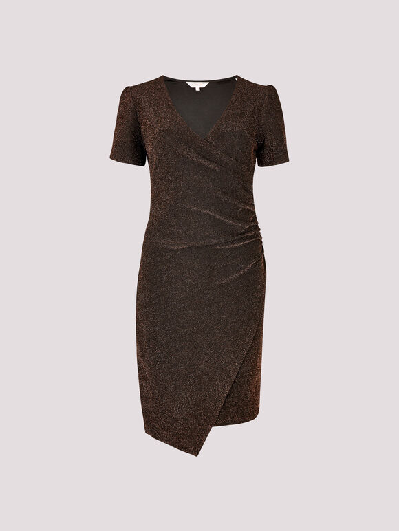 Metallic Bodycon Wrap Mini Dress, Brown, large